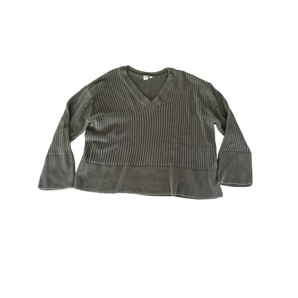 Gap Women XL Sage Green Open Stitch V-Neck Cotton Knit Pullover Sweater